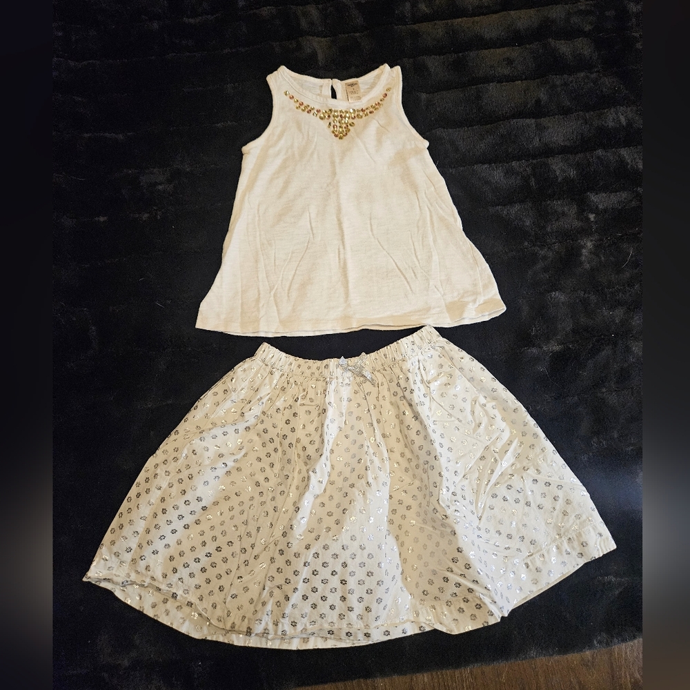 Oshkosh Bgosh Skirt, Top Set, Size 7, White, SILVER, sparkly, Embellished Gems